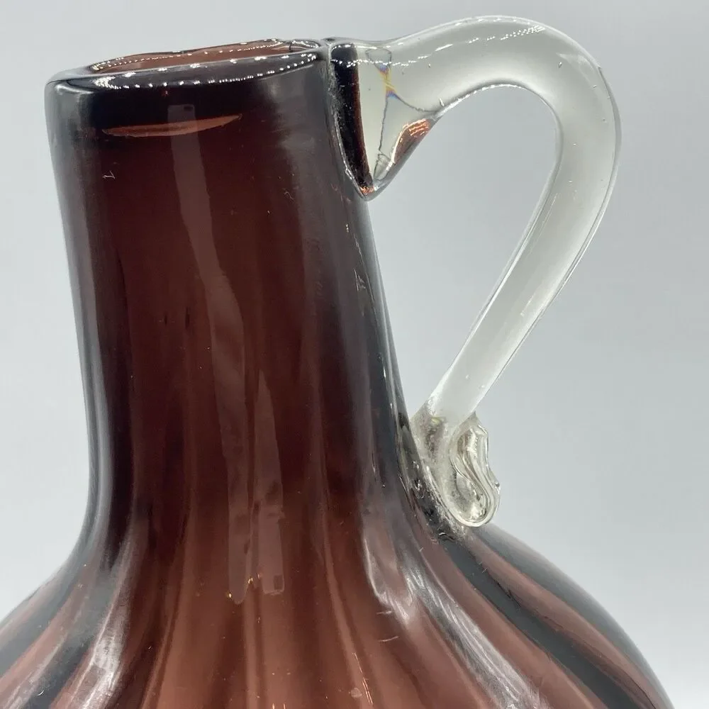 Vtg Handblown Art Glass Amethyst Ribbed Optic Jug Applied Clear Handle 8.75